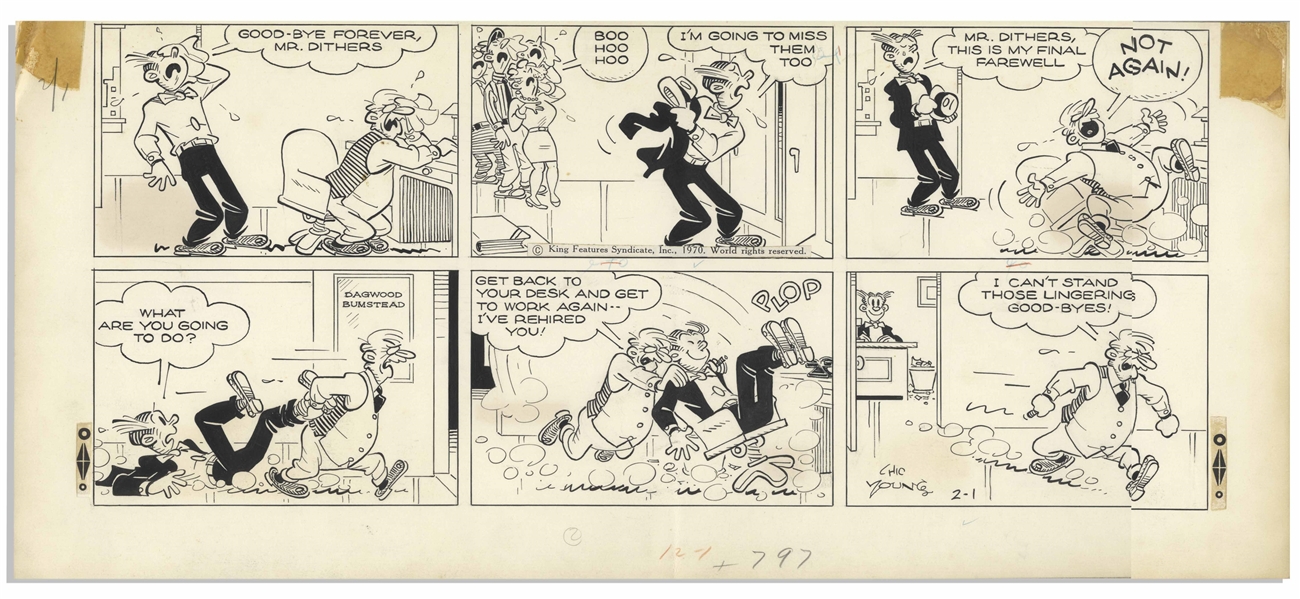 Chic Young Hand-Drawn ''Blondie'' Sunday Comic Strip From 1970 -- Featuring Dagwood & Mr. Dithers
